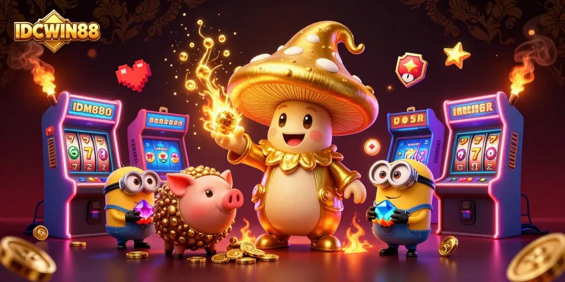 Spin the luck on IDCWIN88 with vibrant treasures from a golden mushroom wizard and cascading gemstones.