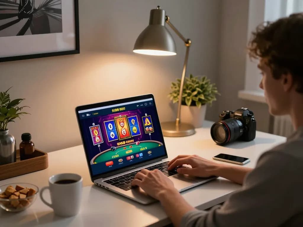 Engaged player strategizing while using SC88 Gold's app at a modern home gaming setup