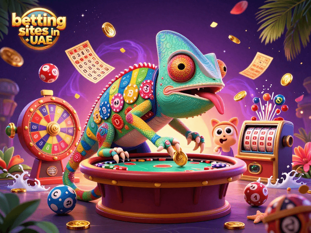 Place bets at the top betting sites in UAE with vibrant casino elements and a dynamic chameleon character.