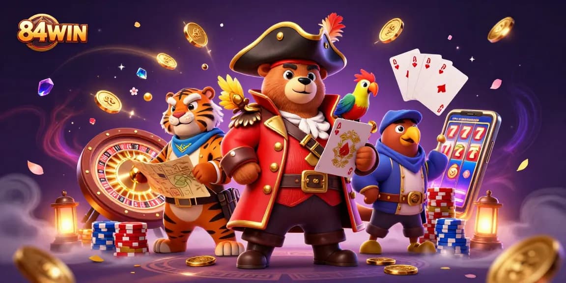 Experience winning moments at 84WIN with stunning casino illustrations and vibrant game elements.