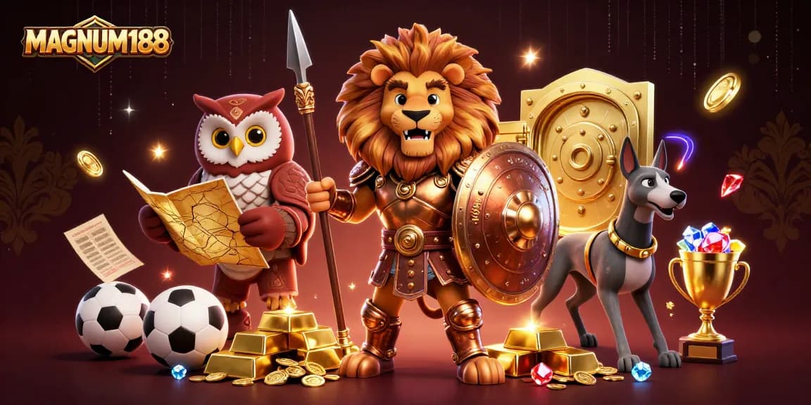 Experience thrilling sports betting with MAGNUM188, featuring an epic lion guardian and dazzling treasures.