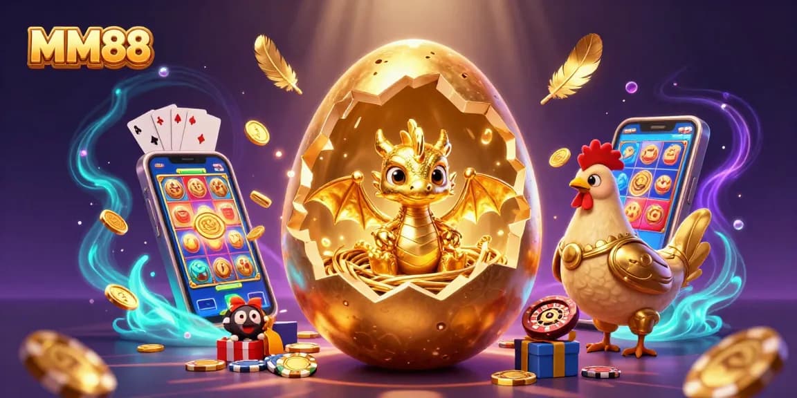 Experience MM88 with captivating visuals of a golden baby dragon amidst poker chips and a colorful casino backdrop.
