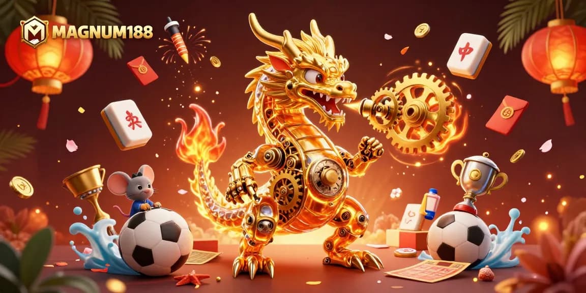 Experience thrilling sports betting with MAGNUM188, featuring dynamic golden dragon and animated betting elements.