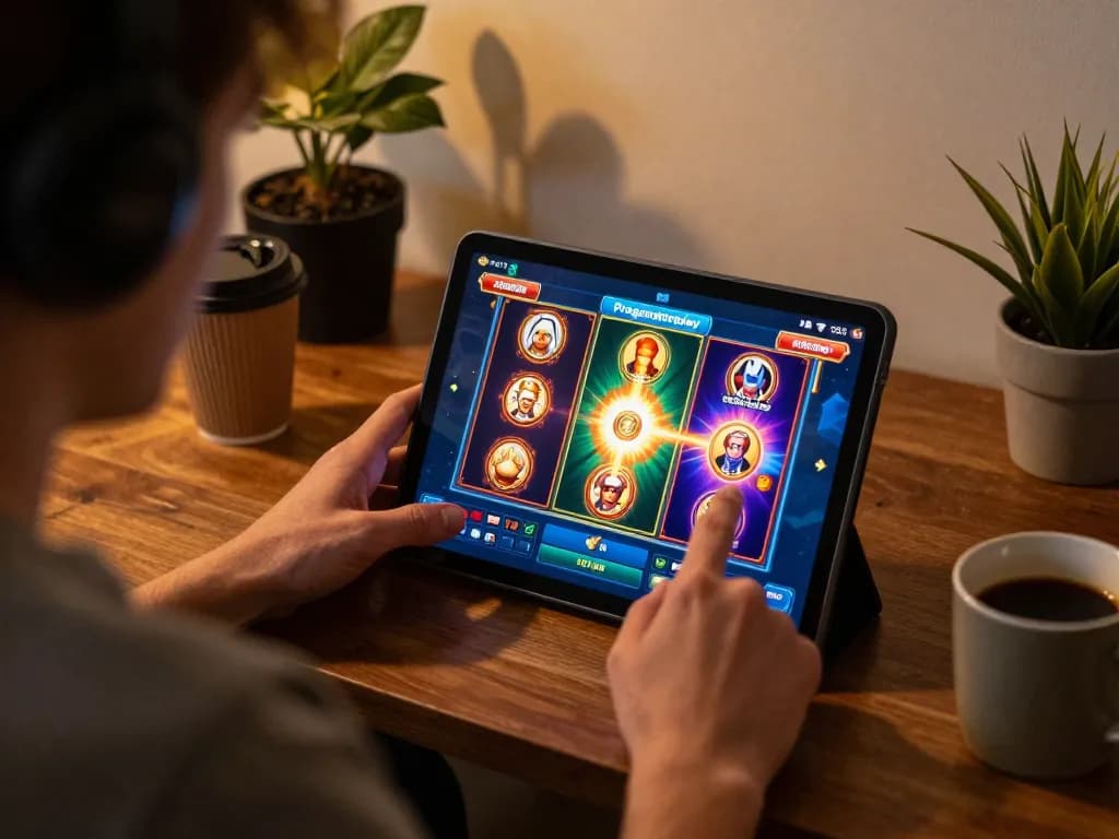 Player enjoying Pragmaticplay slots on a tablet in a cozy home gaming setup