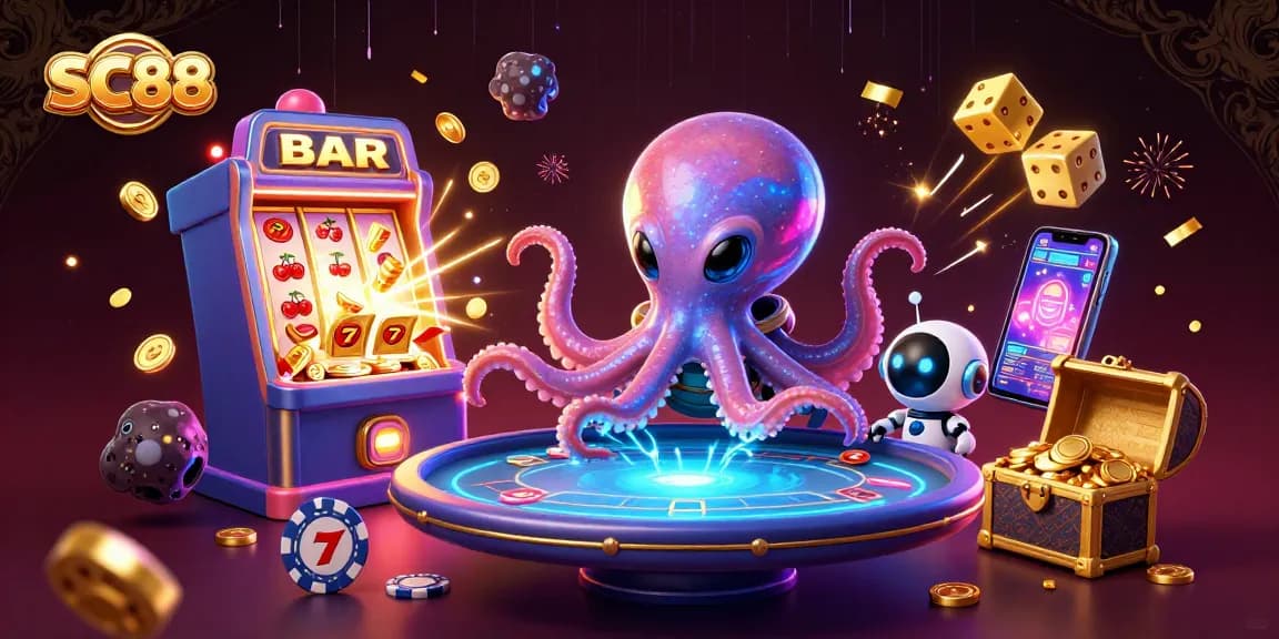 Engage in the action at SC88 with a spectacular alien octopus hosting a poker game amid radiant casino elements.
