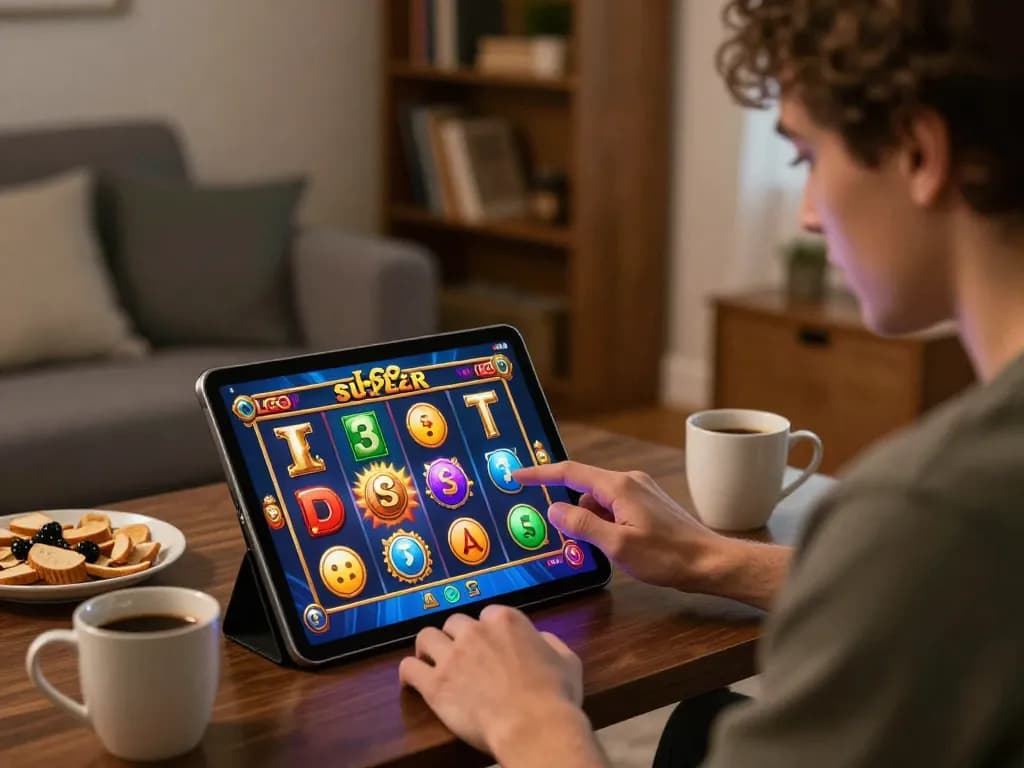 LGO SUPER online gaming experience on a tablet in a cozy living room atmosphere