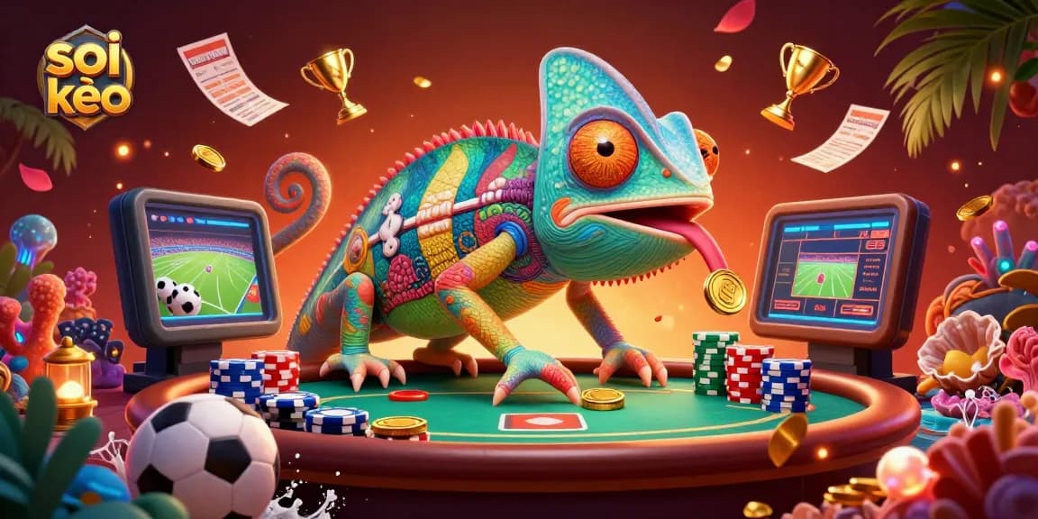 Soi kèo showcases expert chameleon casino owner analyzing sports betting odds in a vibrant, detail-rich scene.