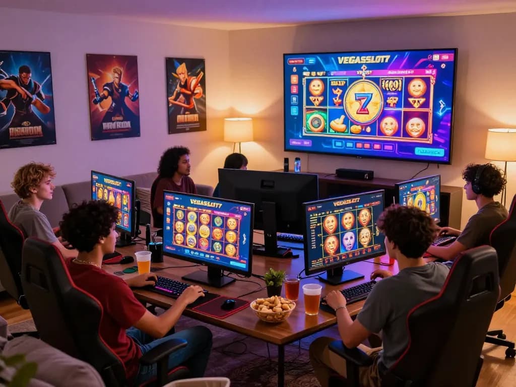 Engaged friends enjoying VEGASSLOT77 online gaming experience in cozy living room atmosphere.
