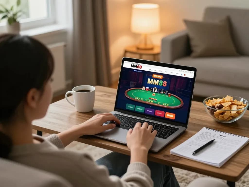 Engaging with the Website MM88 online casino on a cozy home couch, showcasing poker gameplay.
