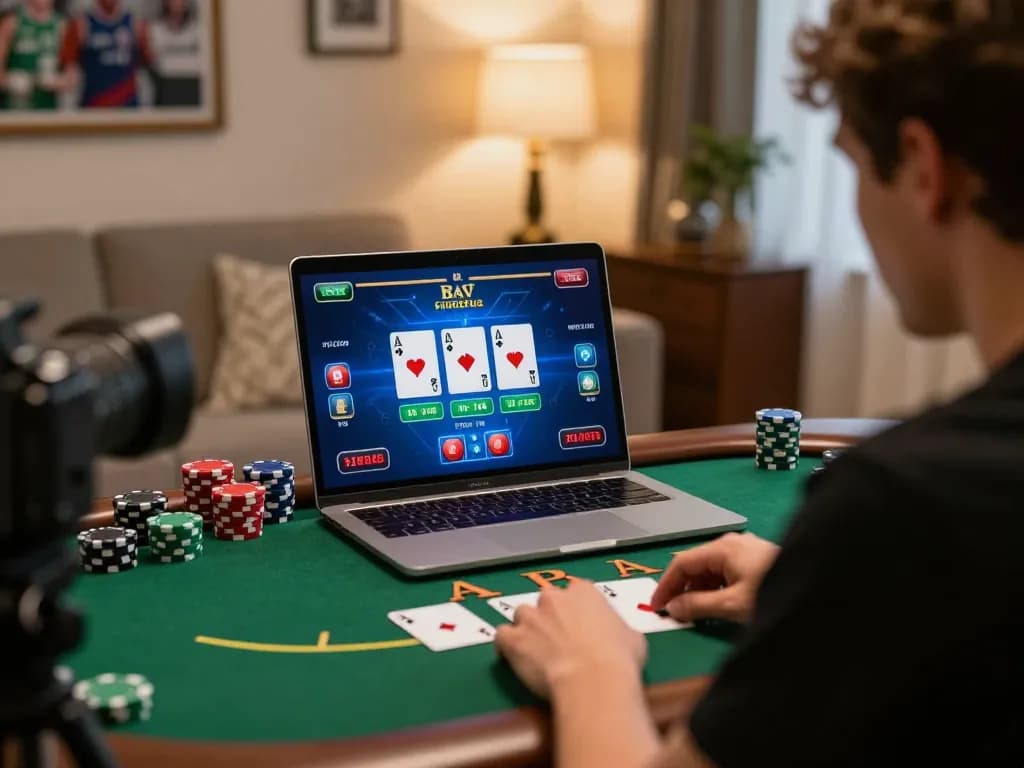 F8bet player celebrating a winning hand in an online blackjack game illustrates the excitement of home gambling.