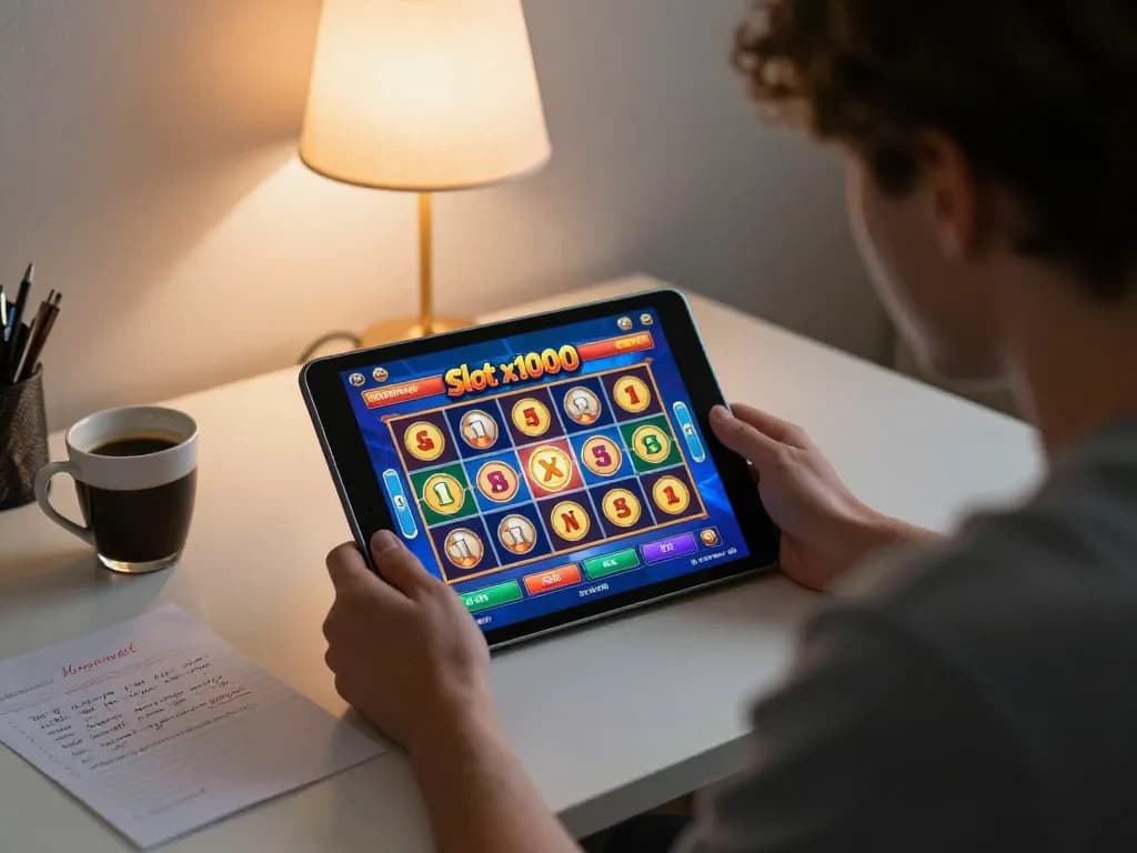 Engaged player winning at the Slot x1000 game on a tablet, showcasing focused gameplay.