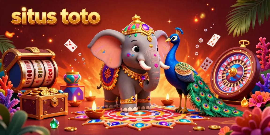 Engage with situs toto themed slots in a vibrant 3D casino illustration filled with games and color.