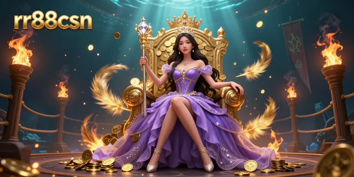Experience the exciting world of rr88csn with this beautiful Asian princess illustration, surrounded by gold coins and ember particles.