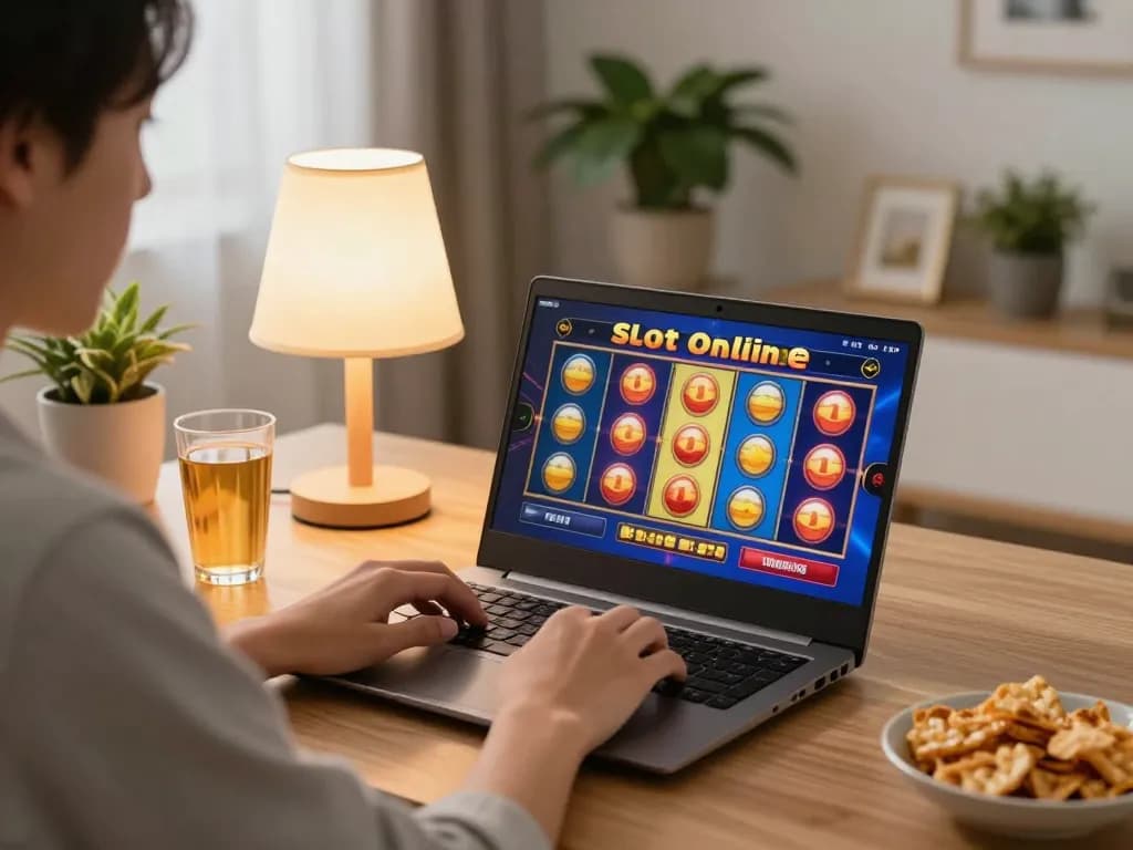 Engaging home scene showing Slot Online gameplay on a laptop with cozy ambiance.