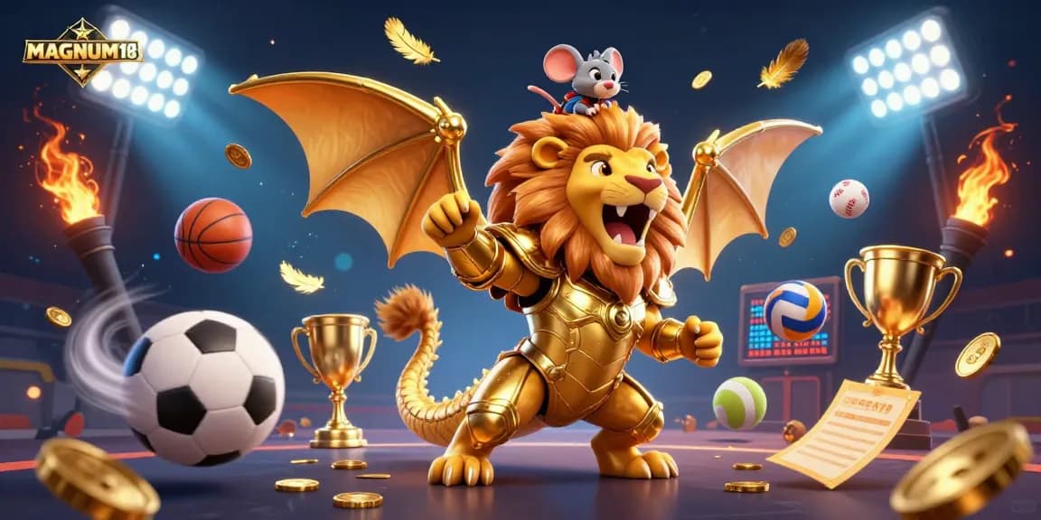 Experience the excitement of MAGNUM188 with a dynamic illustration featuring a triumphant chimera surrounded by sports elements and golden confetti.