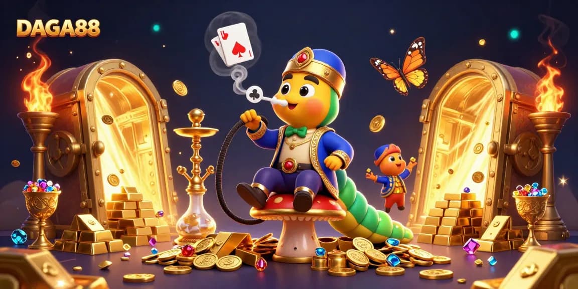 DAGA88 showcases vibrant 3D illustration of a whimsical caterpillar hookah-master amidst lavish casino elements.