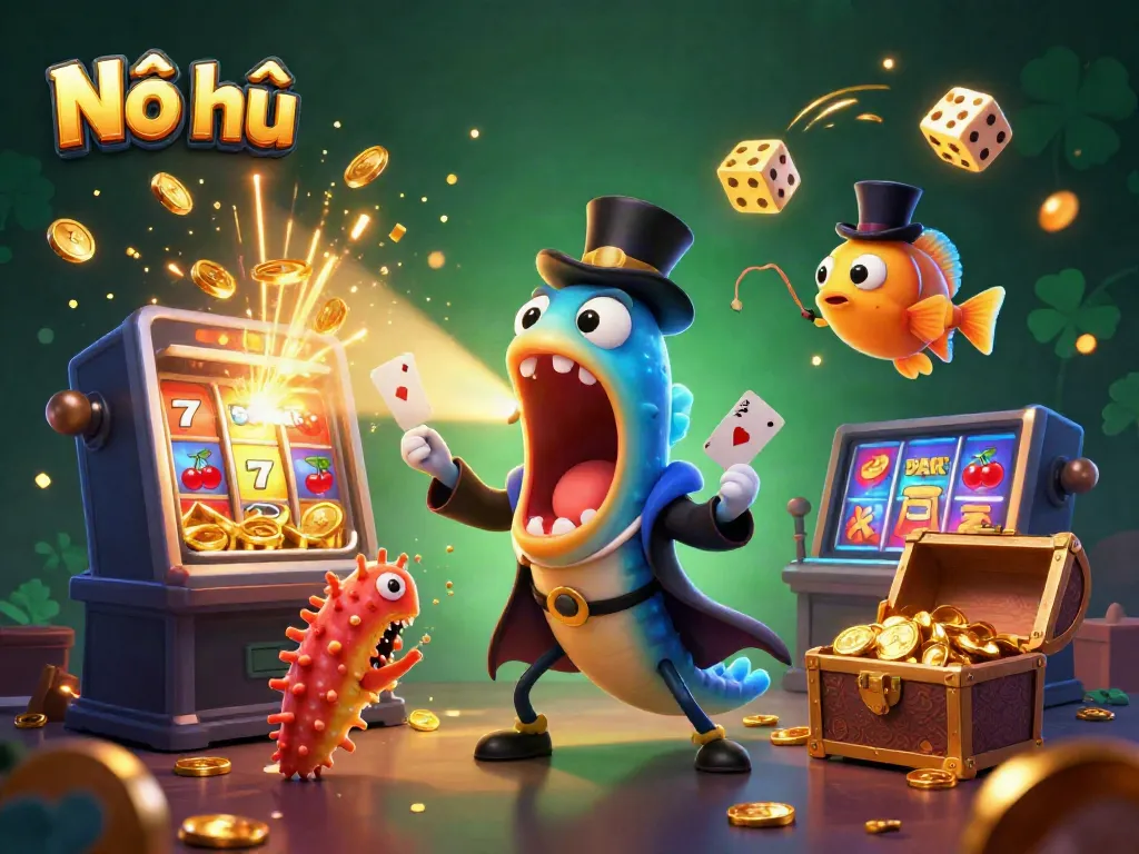 Nổ hũ jackpot winning scene with vibrant casino elements and magical sea creatures.