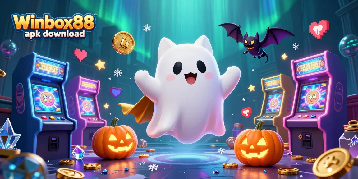 Experience the excitement of Winbox88 apk download with a lively casino scene featuring a friendly ghost cat.