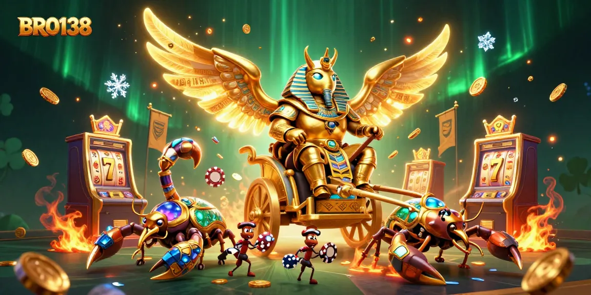 Engage with thrilling slots action at BRO138 featuring golden beetles and scorpions in a dynamic casino scene.