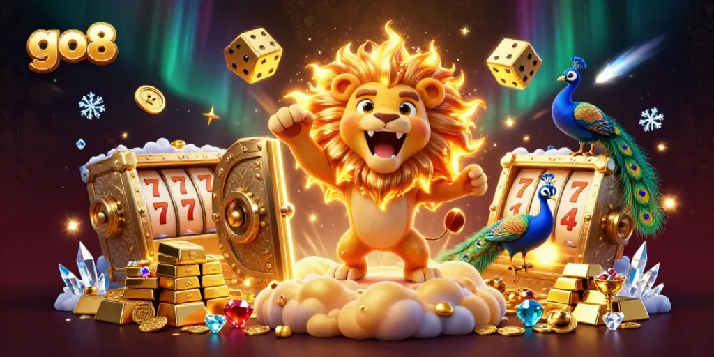Join the excitement at go8 with a vibrant casino-themed 3D illustration showcasing games, treasures, and vibrant characters.