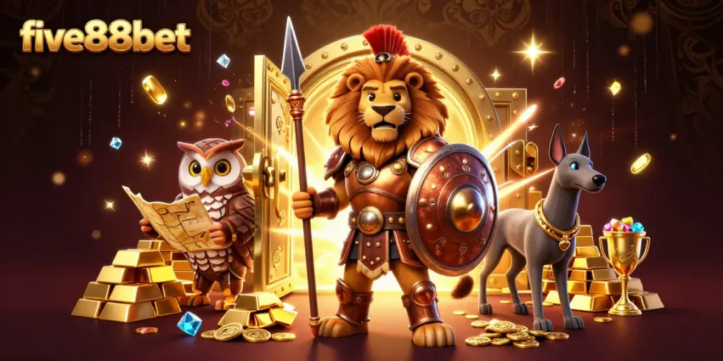 Experience excitement at five88bet with a powerful lion in bronze armor, flanked by an owl strategist and swift greyhound messenger, amidst a treasure-filled scene.