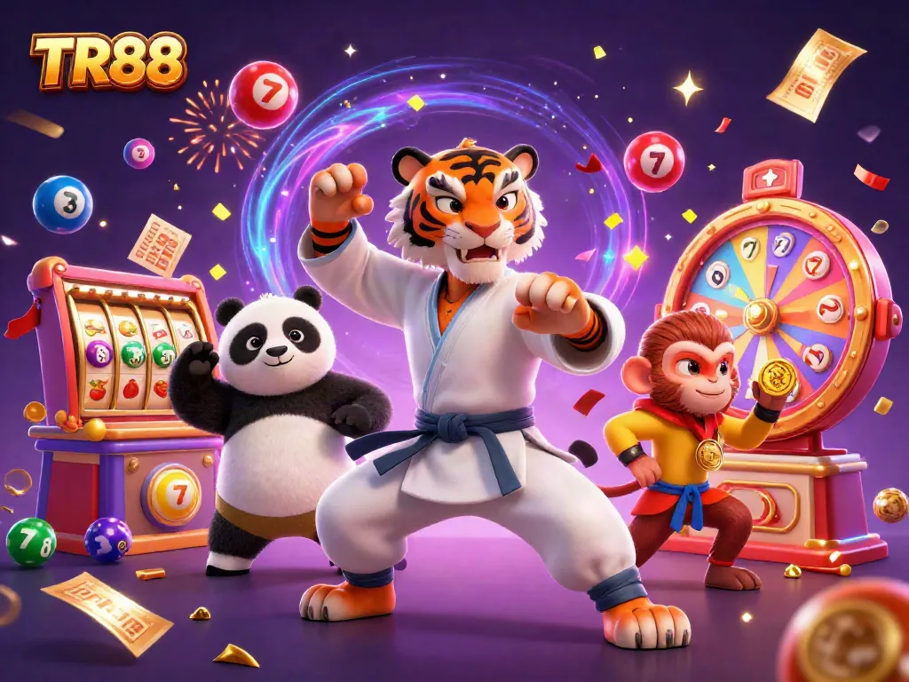 Play TR88 slot games with our kung fu character trio surrounded by vibrant lottery elements.
