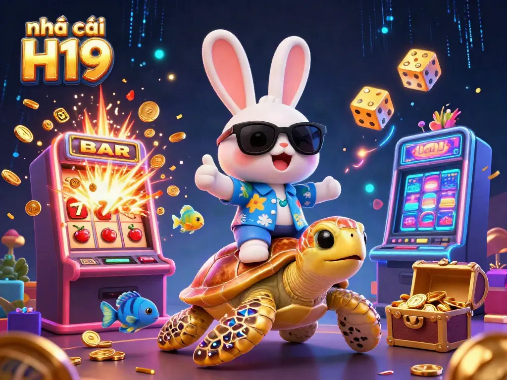 Engaging illustration of nhà cái H19 featuring a lucky rabbit and a golden sea turtle amidst casino elements.