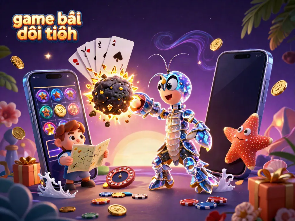 Experience game bài đổi thưởng with a galactic samurai shrimp amidst golden gems and casino elements.