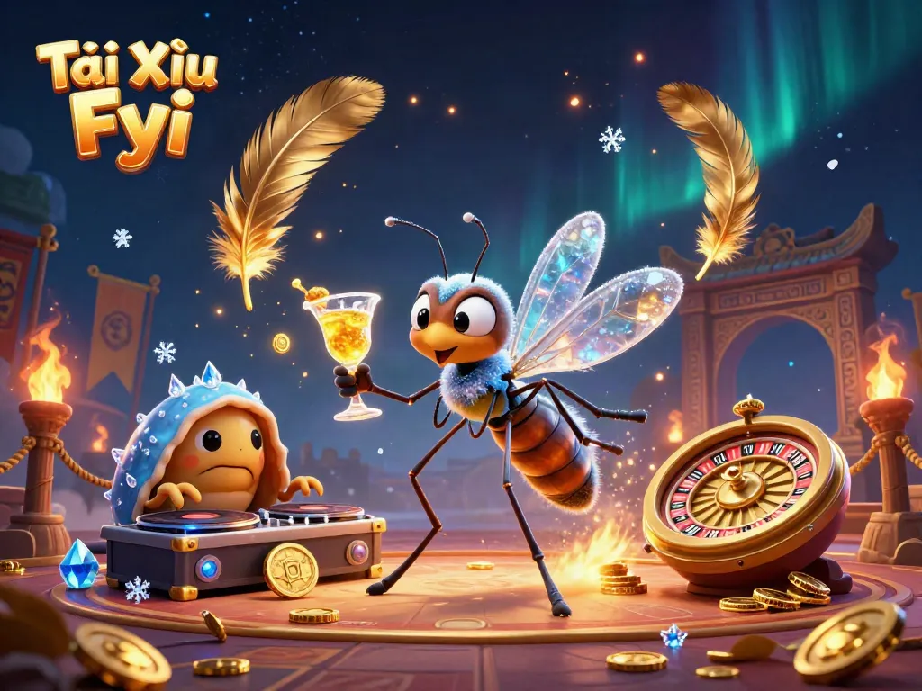 Engage in Tài Xỉu Fyi thrills with a lively 3D casino mascot scene featuring unique characters.