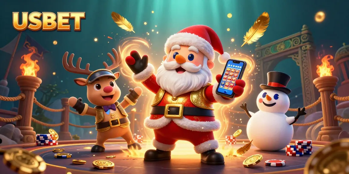 Experience exciting jackpots with USBET's vibrant casino scene featuring Santa Claus and friends.