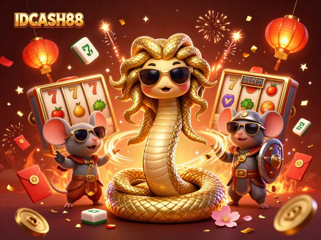 Spin and win at IDCASH88 with an engaging scene showing a cute Medusa and warrior mouse amidst golden slot reels and celebration!