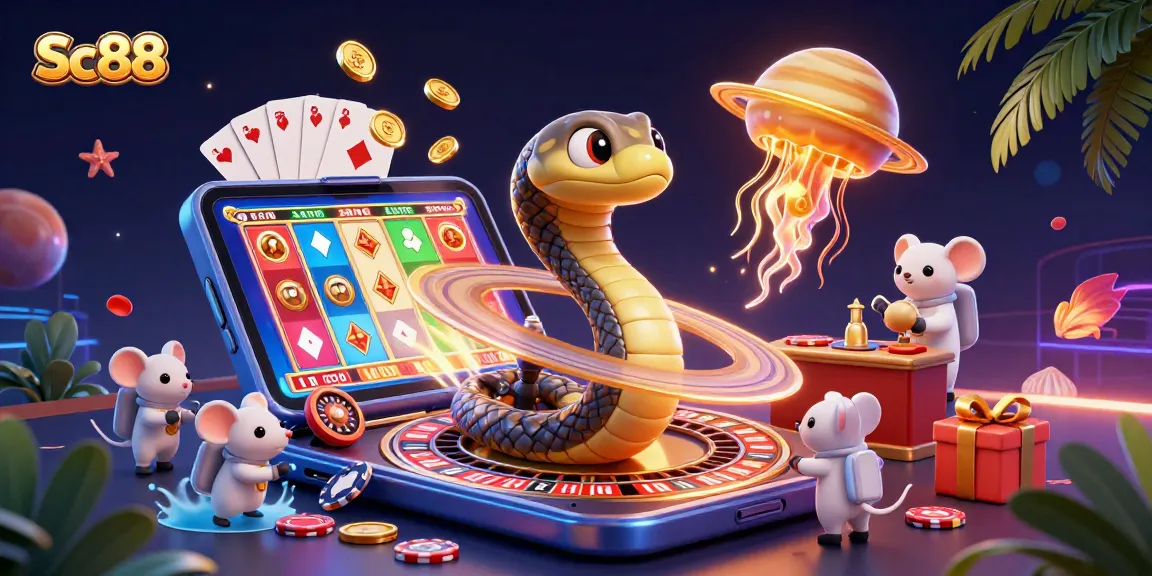 Engage with Sc88's cosmic casino adventure featuring a Saturn snake and betting astronaut mice in a vibrant 3D illustration.