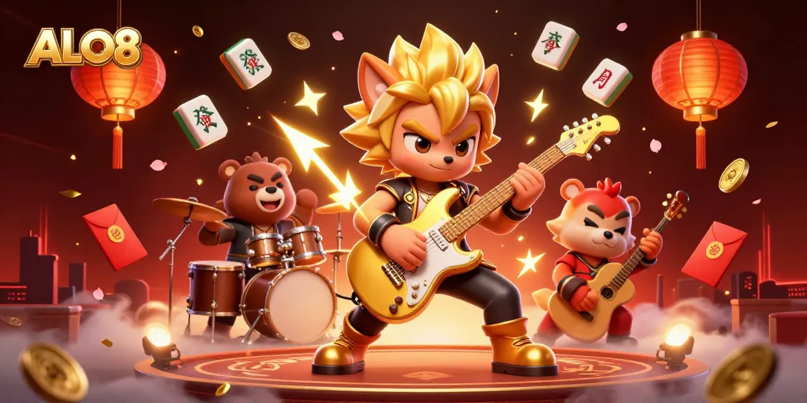 Capture the excitement of ALO8 with a vibrant 3D illustration of a wolf rock star and a drummer bear.