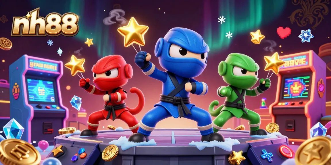 nh88 interactive gaming with cartoon ninjas showcasing vibrant casino elements in a dynamic 3D scene