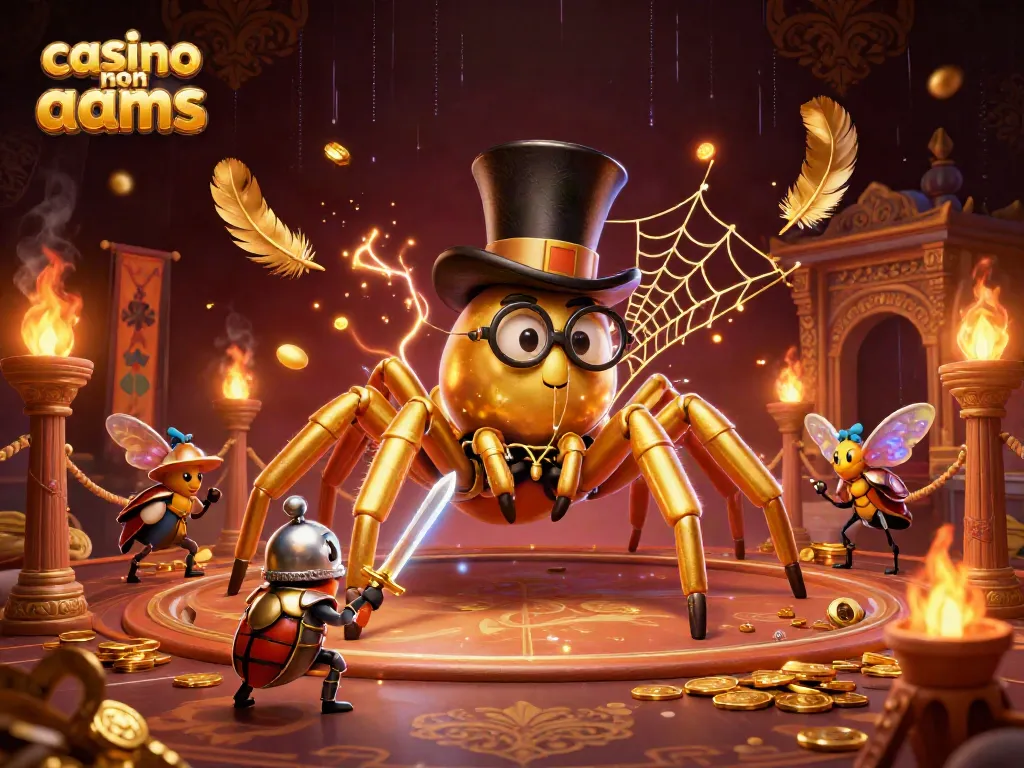 Gioca nei casino non AAMS con RTP alto, incontrando un ragno dorato e un cavaliere insetto nella giungla di giochi.