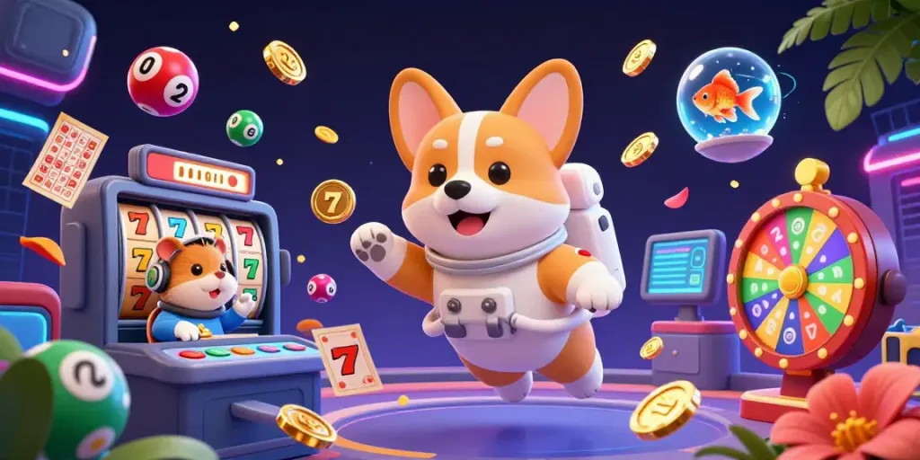 Engage with TN88 as a corgi floats in a cosmic casino, surrounded by vibrant gaming elements.