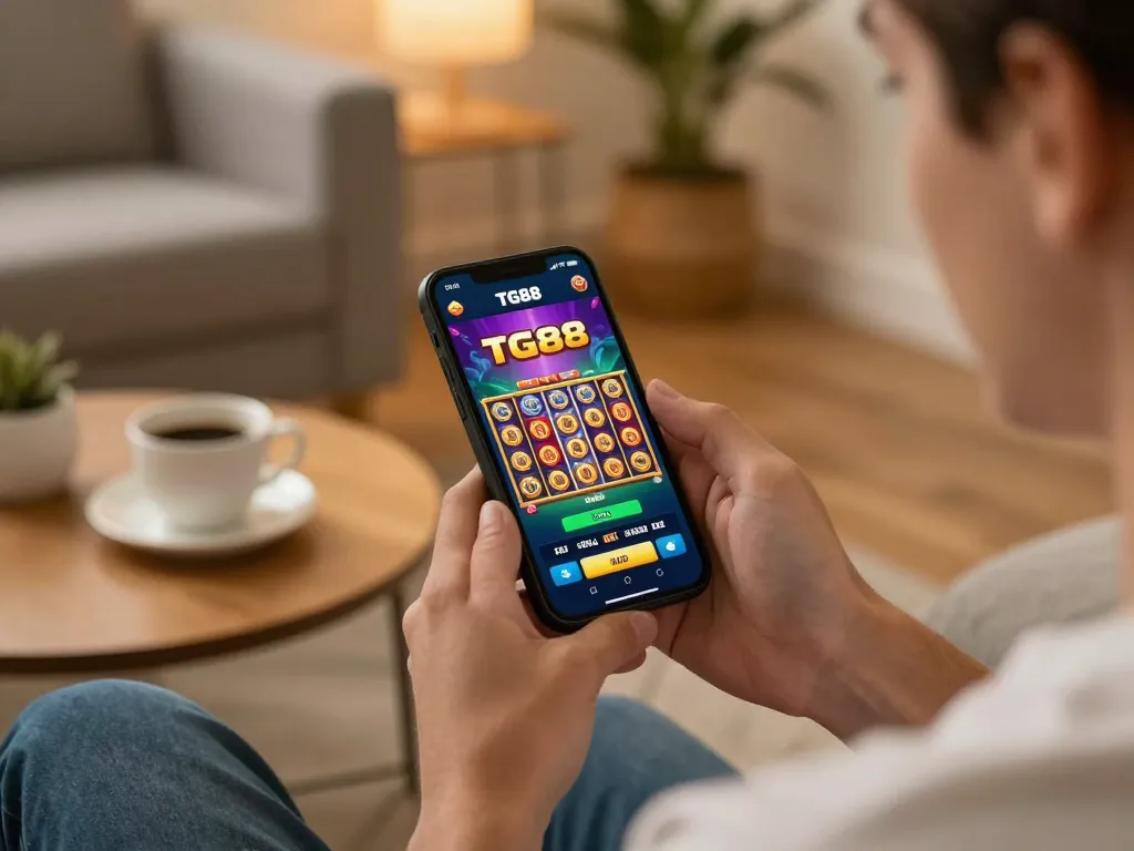TG88 player engaging with the casino app on smartphone in a comfortable home setting