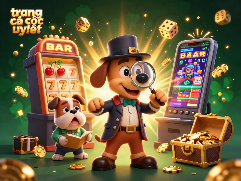 Các nhân vật trong thế giới trang cá cược uy tín đang khám phá kho báu với chip poker vàng và máy slot 3D.
