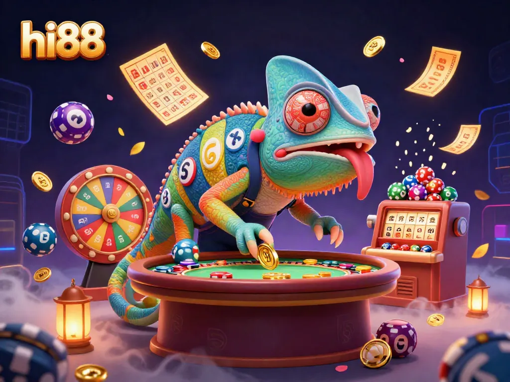 Experience hi88 excitement with a vibrant casino scene featuring a colorful chameleon and engaging game elements.