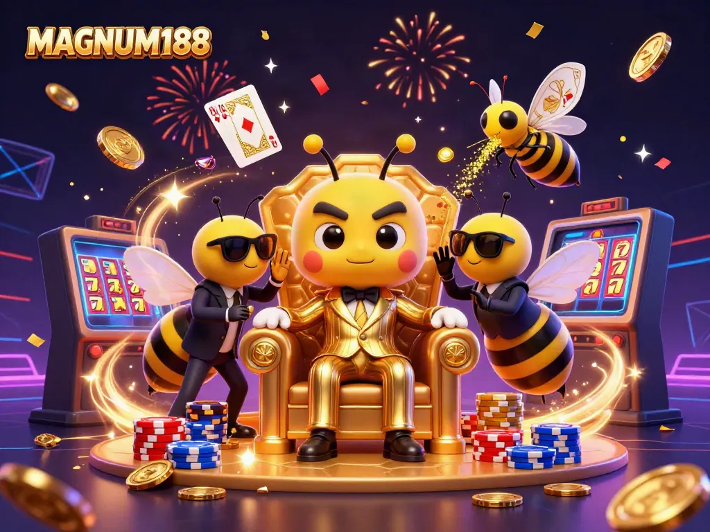 Bet on MAGNUM188 with a dynamic 3D scene showcasing casino-themed elements and characters.