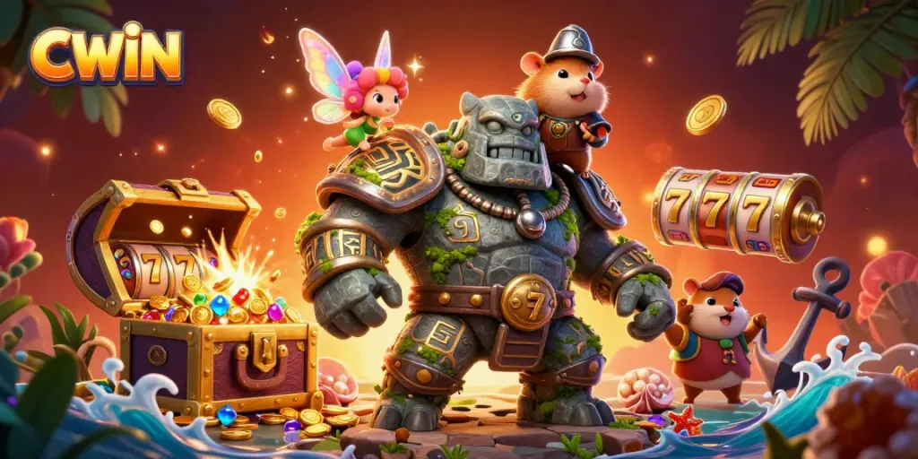 Experience the thrilling adventure of CWIN with a magical golem, fairy, and hamster knight amidst vibrant casino elements.