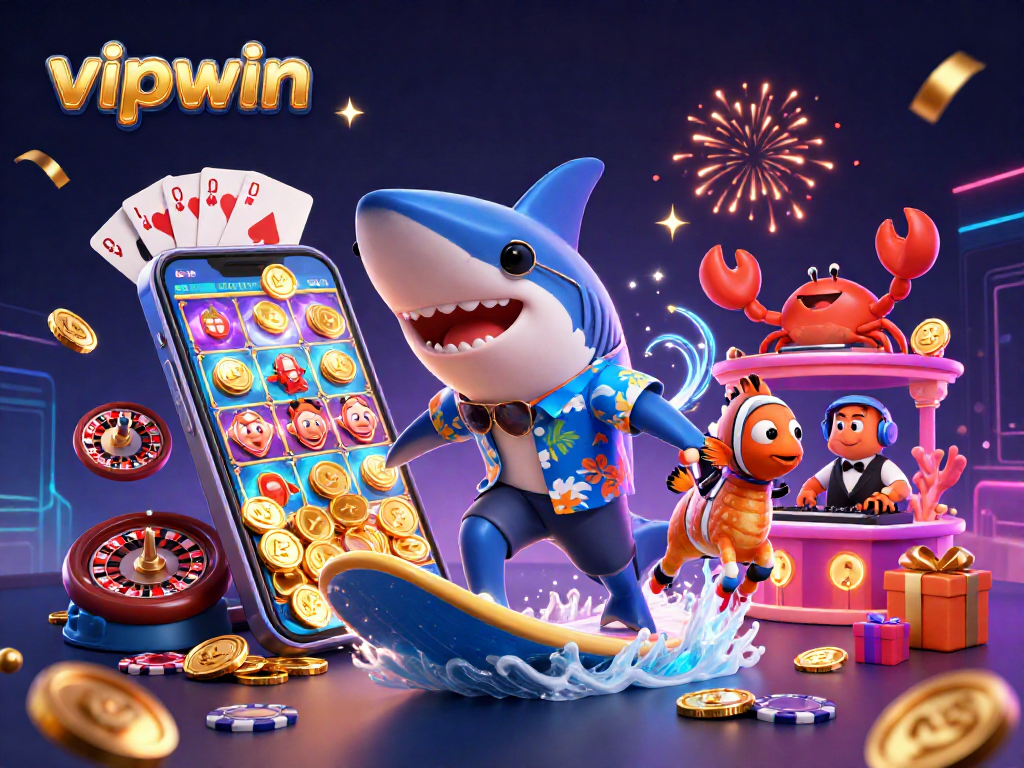 Experience thrilling casino adventures with vipwin as a shark surfs on gold coins amidst vibrant gaming elements.