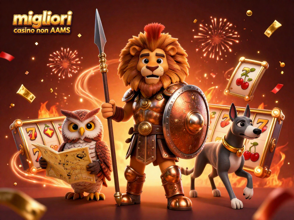 Scopri i migliori casino non AAMS con un leone spartano in un'illustrazione vivace e dinamica.
