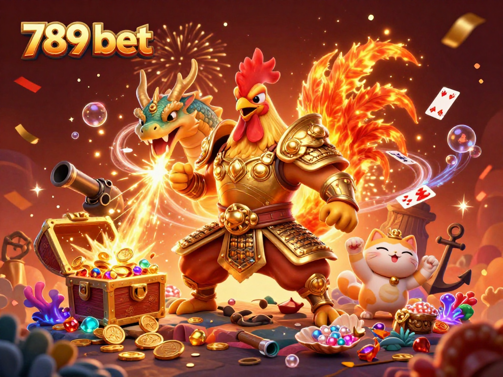 Experience the thrill of 789 bet with our stunning gaming illustration featuring a rooster warrior and dragon hatchling.