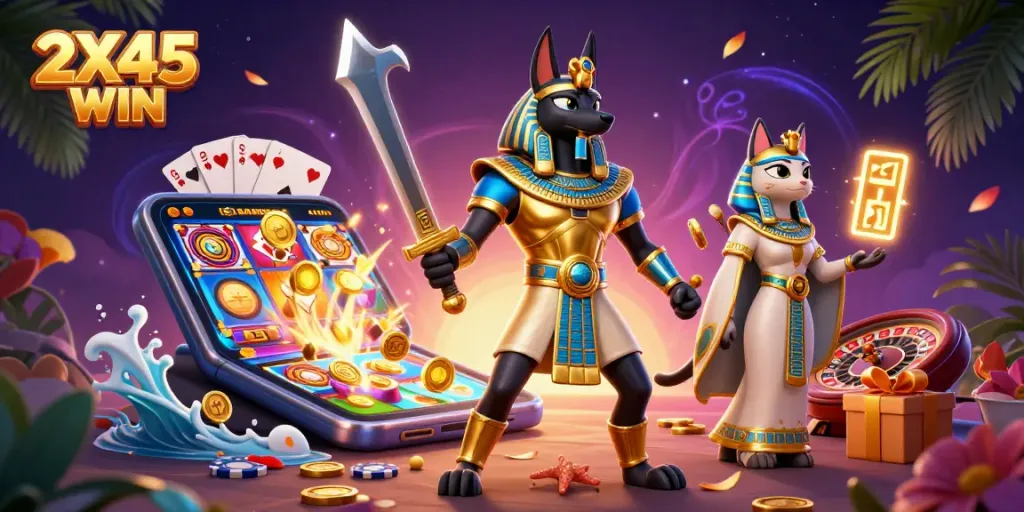 Menggunakan 2X45WIN, pemain meraih kemenangan slot dengan simbol berkilau dan koin emas.