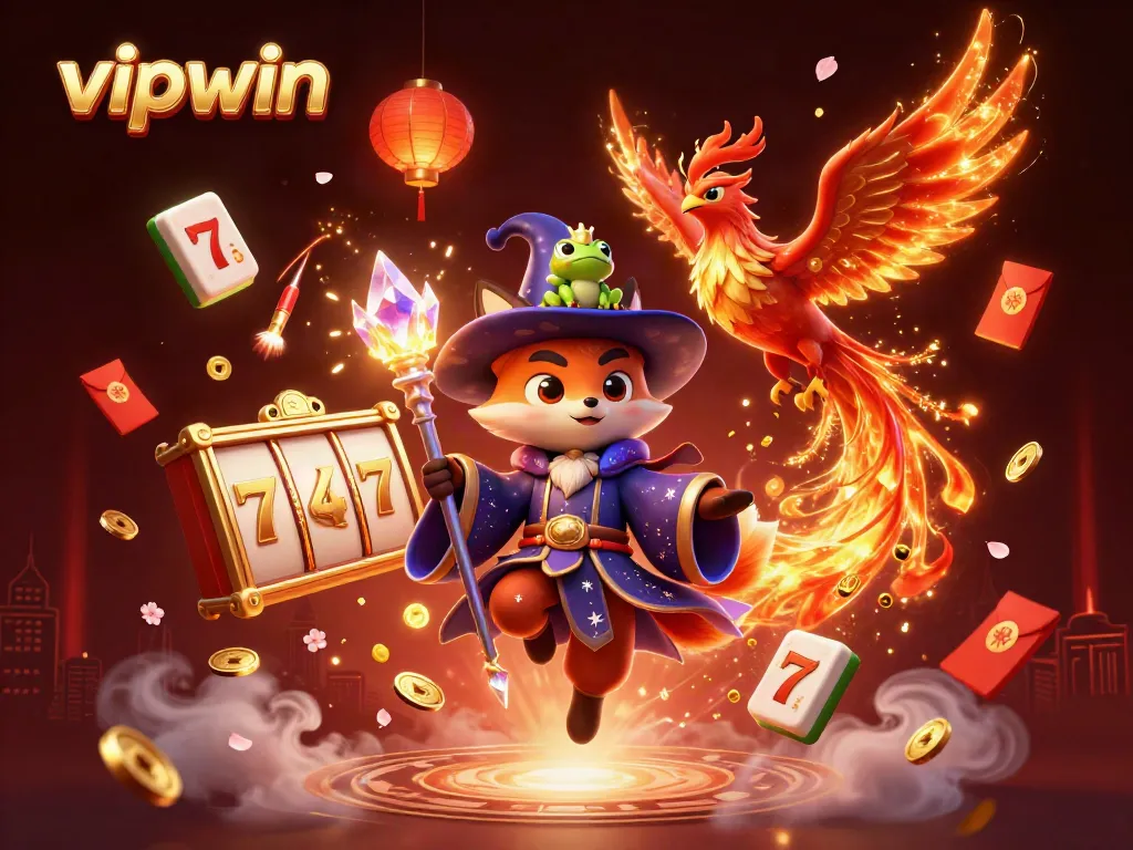 Experience thrilling gameplay with vipwin's vibrant casino scene featuring a mystical wizard fox.