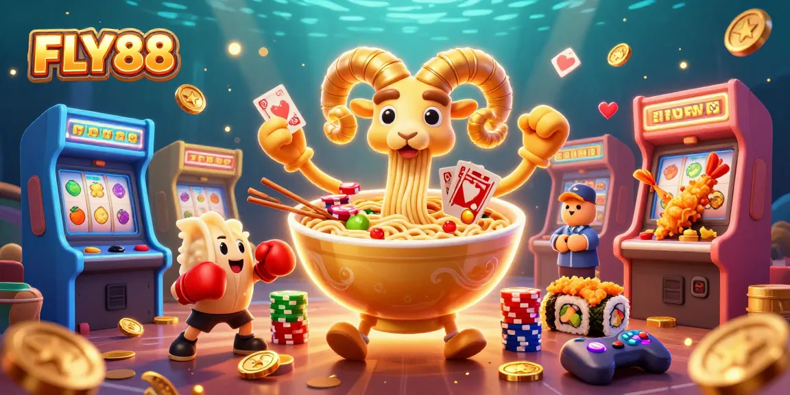 FLY88 showcases a vibrant 3D digital illustration with a ramen bowl and gaming elements, engaging players in online casino action.