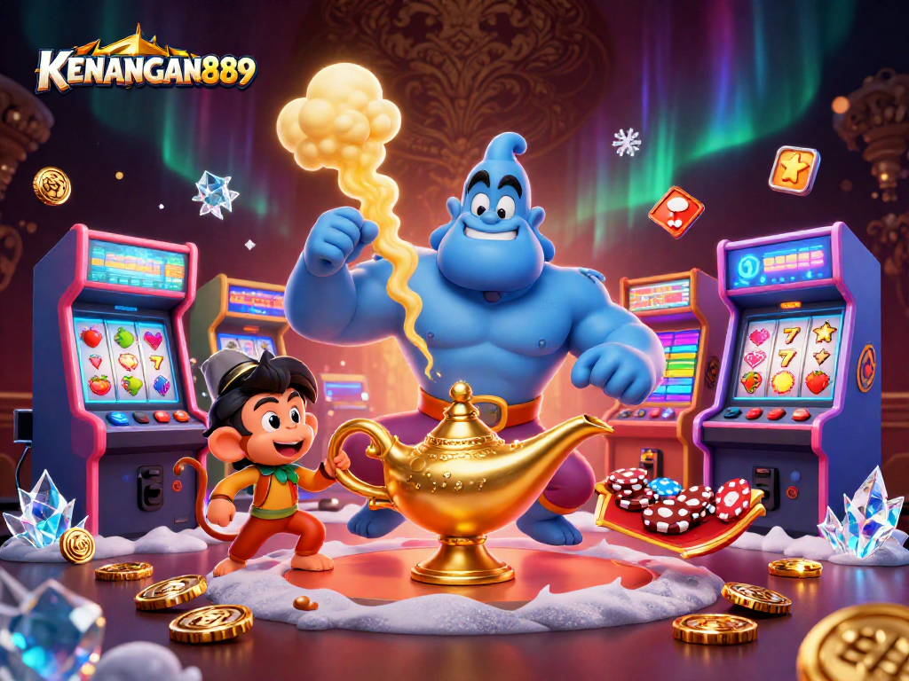 Play exciting games at KENANGAN889 amidst a vibrant casino scene filled with action and rich details.