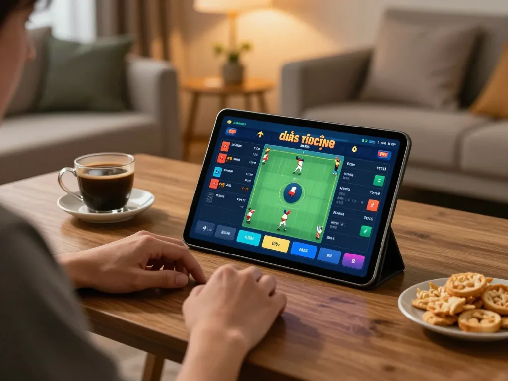 Experience đá gà trực tiếp through engaging online betting on a tablet in a cozy setting.