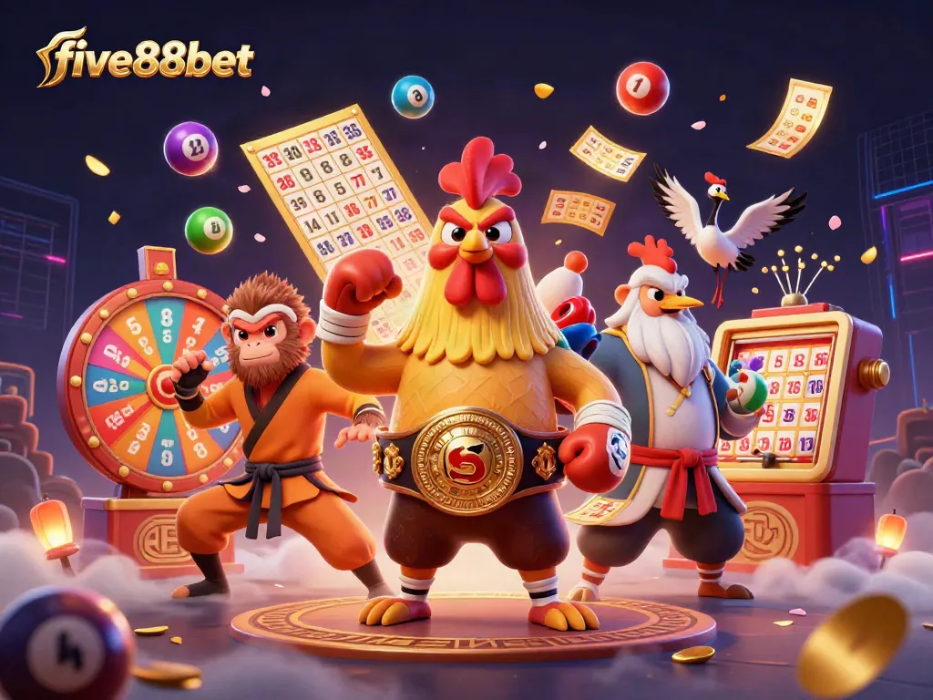 Engage with the exciting world of gaming at five88bet, featuring dynamic lottery elements and vibrant characters.